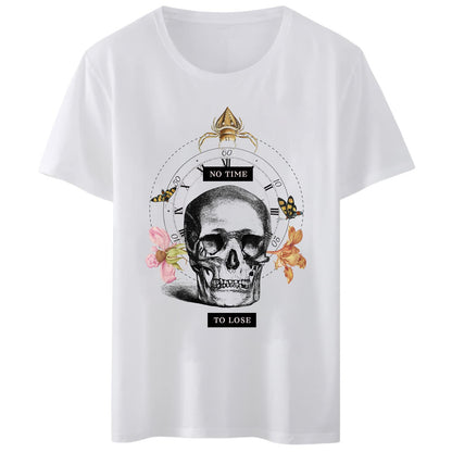 Women T-Shirt No Time to Lose Skull Butterfly Insect Clock Print T-Shirt Round Neck Casual Tee