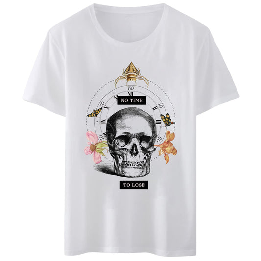 Women T-Shirt No Time to Lose Skull Butterfly Insect Clock Print T-Shirt Round Neck Casual Tee