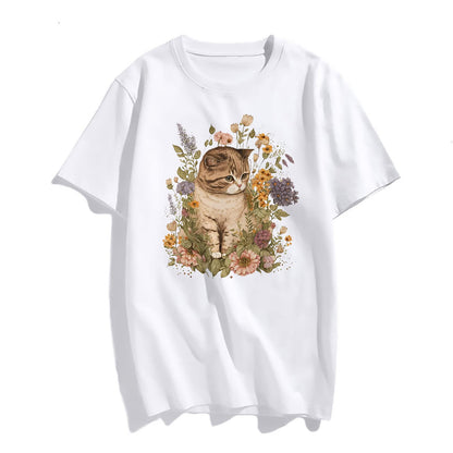 Cat in The Flowers T-Shirt Cute Fashion Women Girls Round Neck Short Sleeve Top