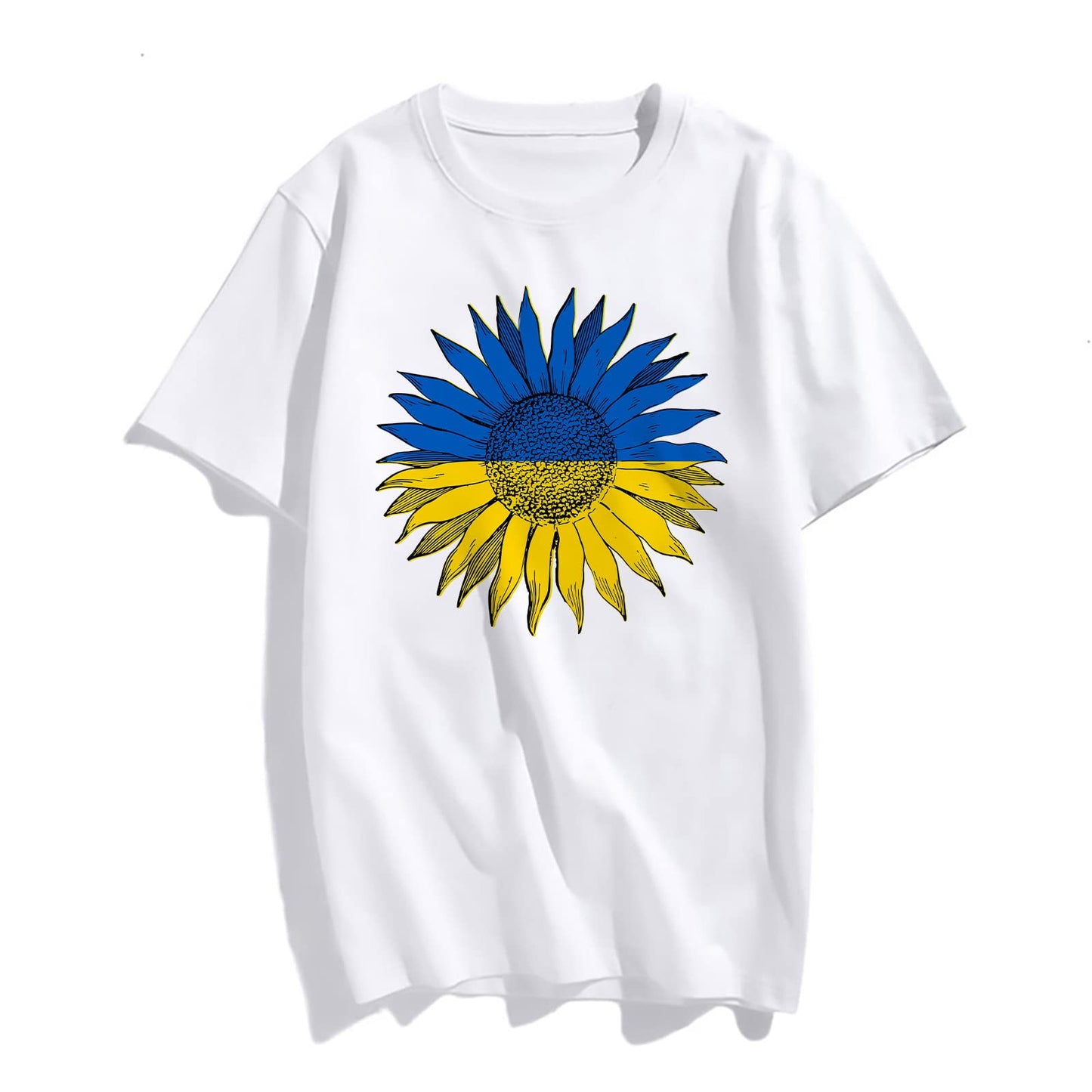 noozuo Sunflower Blue and Yellow Stitching Women Fashion Round Neck Short Sleeve T-Shirt