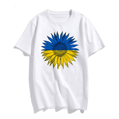 noozuo Sunflower Blue and Yellow Stitching Women Fashion Round Neck Short Sleeve T-Shirt