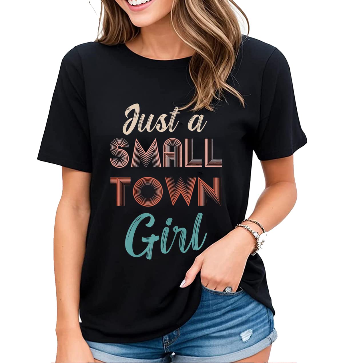 Womens Journey Tshirt Just A Small Town Girl Village Little City Laid-Back Life Short Sleeve Tops
