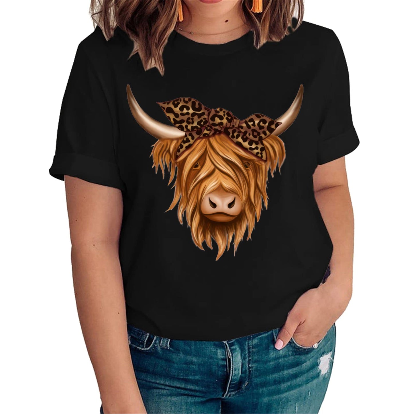 Women Don't Be a Salty Heifer Cute Highland Cow Lover Vintage Farm Tops T-Shirt Graphics Shirt Casual Crew Neck Gift Tee