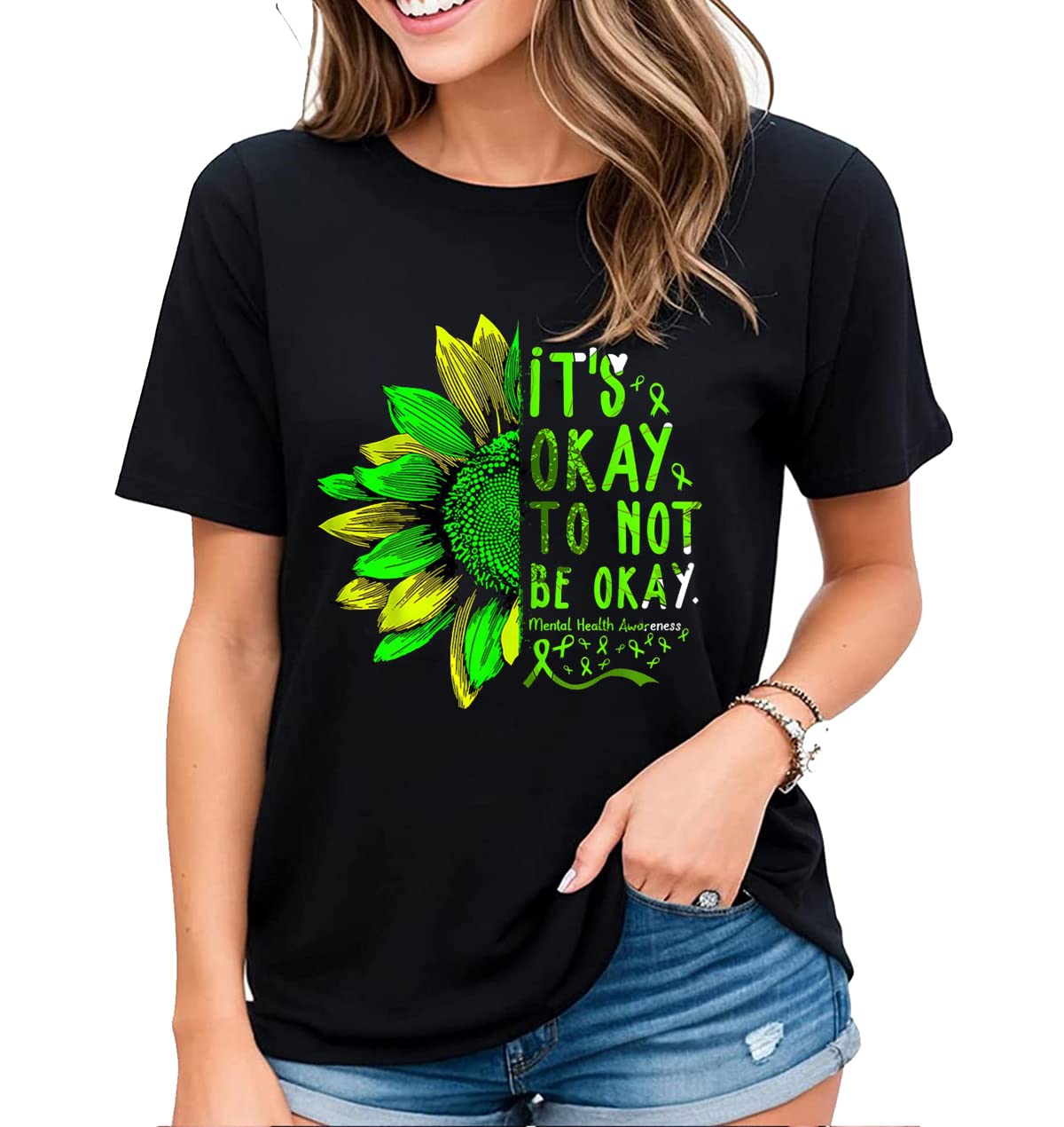 Women's Tshirt Mental Health Awareness Tee Green Ribbon Animal Botanical Graphic Casual Short Sleeve Tops