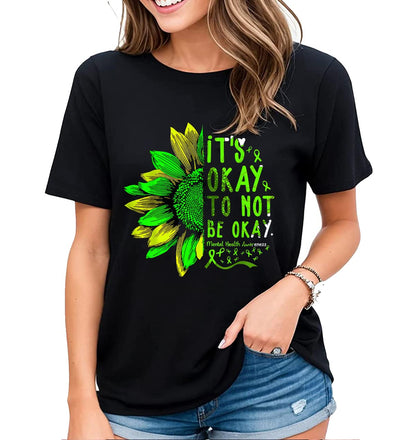 Women's Tshirt Mental Health Awareness Tee Green Ribbon Animal Botanical Graphic Casual Short Sleeve Tops