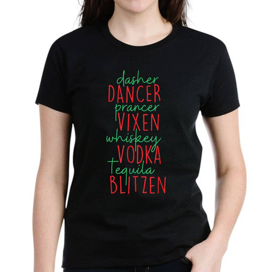 Women Tshirt Funny Christmas Dasher Dancer Prancer Vixen Whiskey Vodka Te T-Shirt