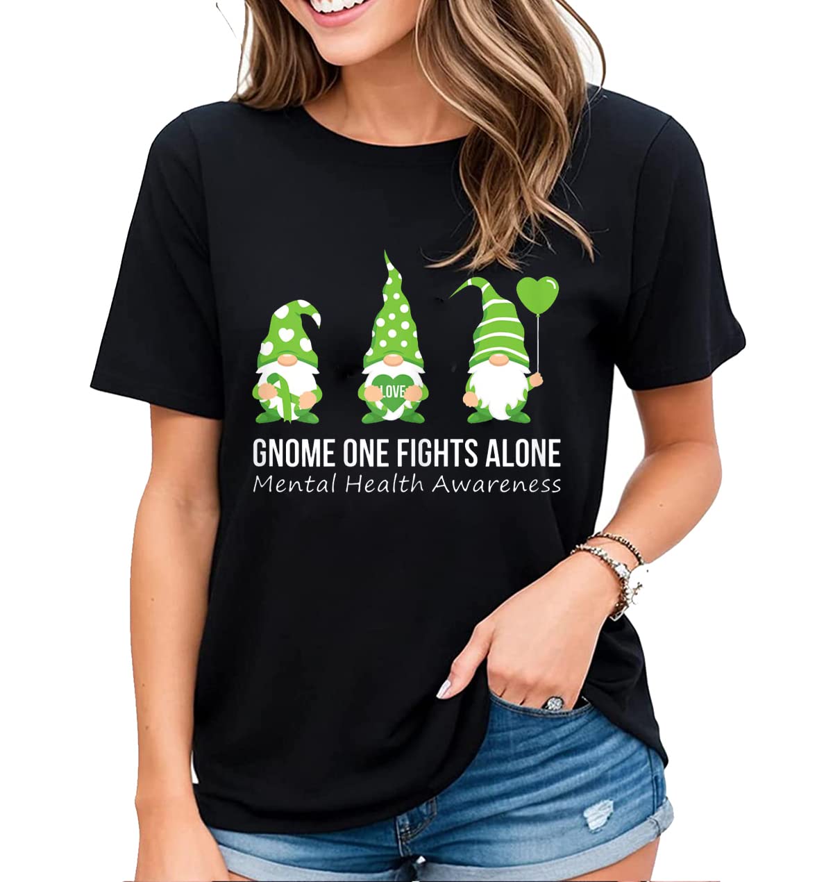 T-Shirt for Women No One Fights Alone Mental Health Awareness Green Ribbon Casual Short Sleeve Tops