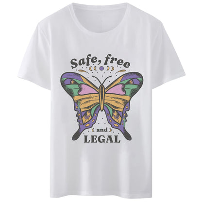 Women T-Shirt Safe, Free and Legal Butterfly Print T-Shirt Round Neck Tops Short Sleeve Casual Tee