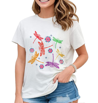 Colorful Dragonfly Graphic T-Shirt Womens Fun Insect Dragonfly Lovers Casual Tops