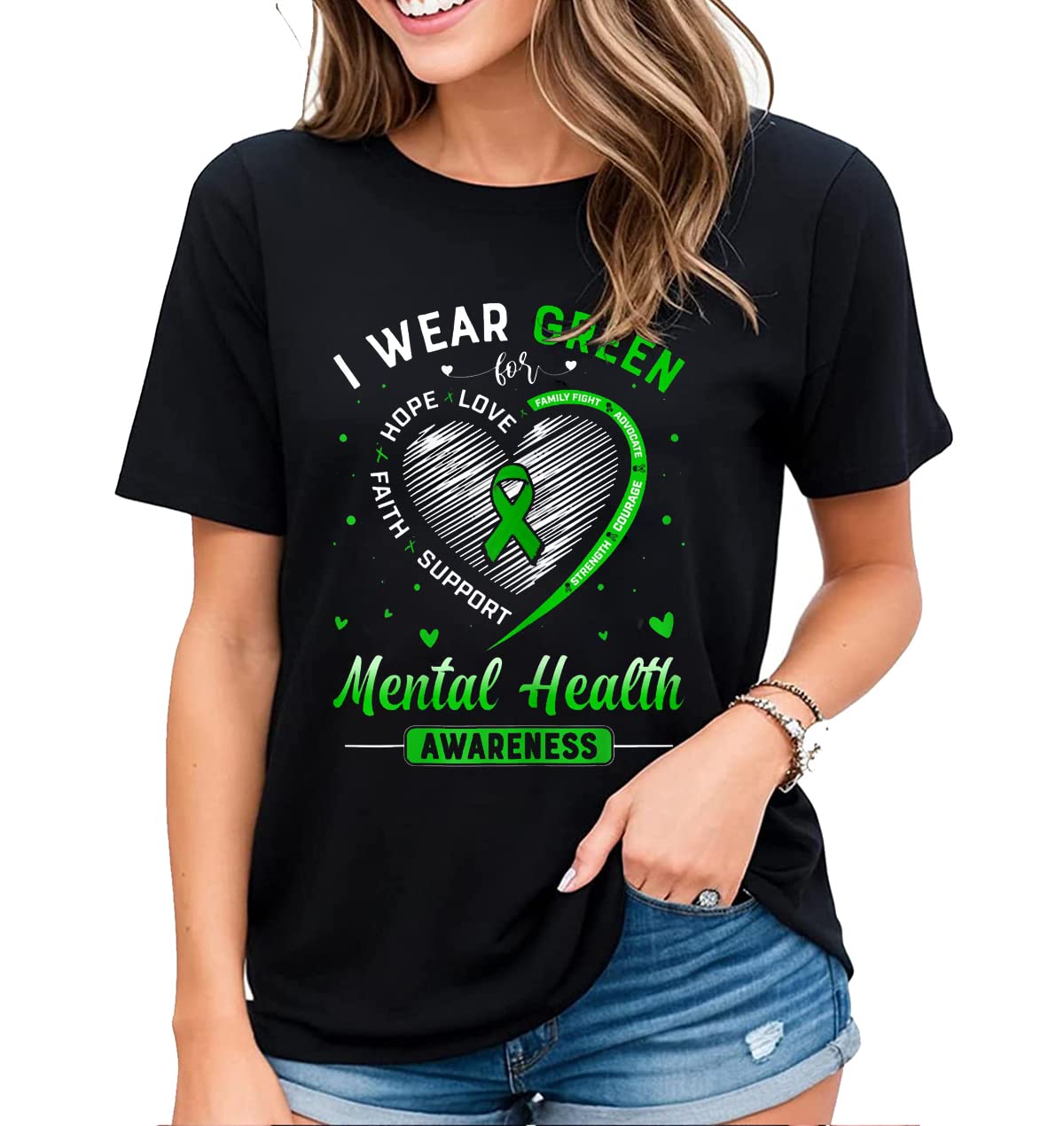 T-Shirt for Women No One Fights Alone Mental Health Awareness Green Ribbon Casual Short Sleeve Tops