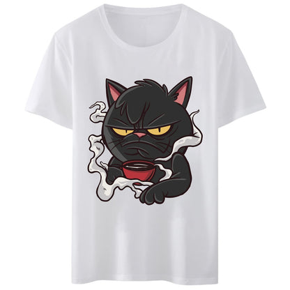 Women T-Shirt Coffee Black Anger Cat Print T-Shirt Round Neck Tops Short Sleeve Casual Tee