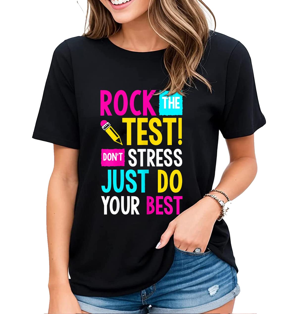 Tshirt for Women Funny Test Day Rock The Test Don't Stress Just Do Your Best Casual Short-Sleeved Tops