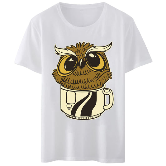 Women T-Shirt Coffee Owl T-Shirt Round Neck Tops Short Sleeve Casual Tee