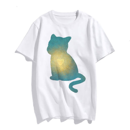 Women Glowing Cat Print T-Shirt Fashion Casual Short-Sleeved Tops Teens Girl Clothes