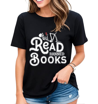 Womens Fun Graphic I Read Banned Books T-Shirt Banned Books Lovers Gift Casual Short-Sleeved Tops