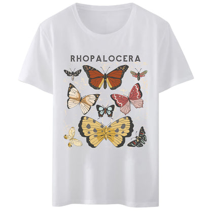 Women T-Shirt Rhopalocera Butterfly Print Round Neck Tops Short Sleeve Casual Tee