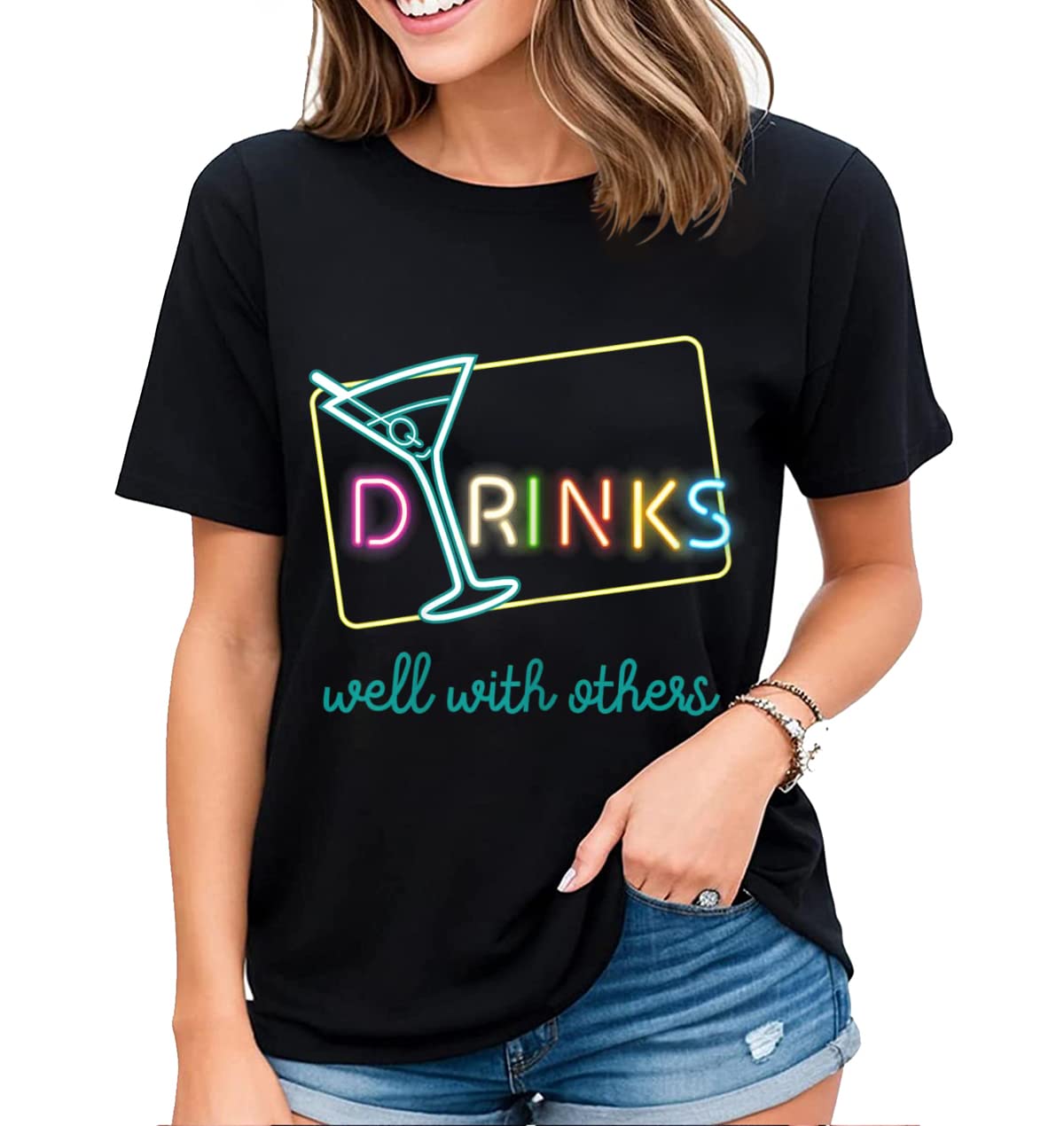 Drinks Well with Others Fun Graphic Tees T-Shirt Womens Gift Casual Short-Sleeved Tops