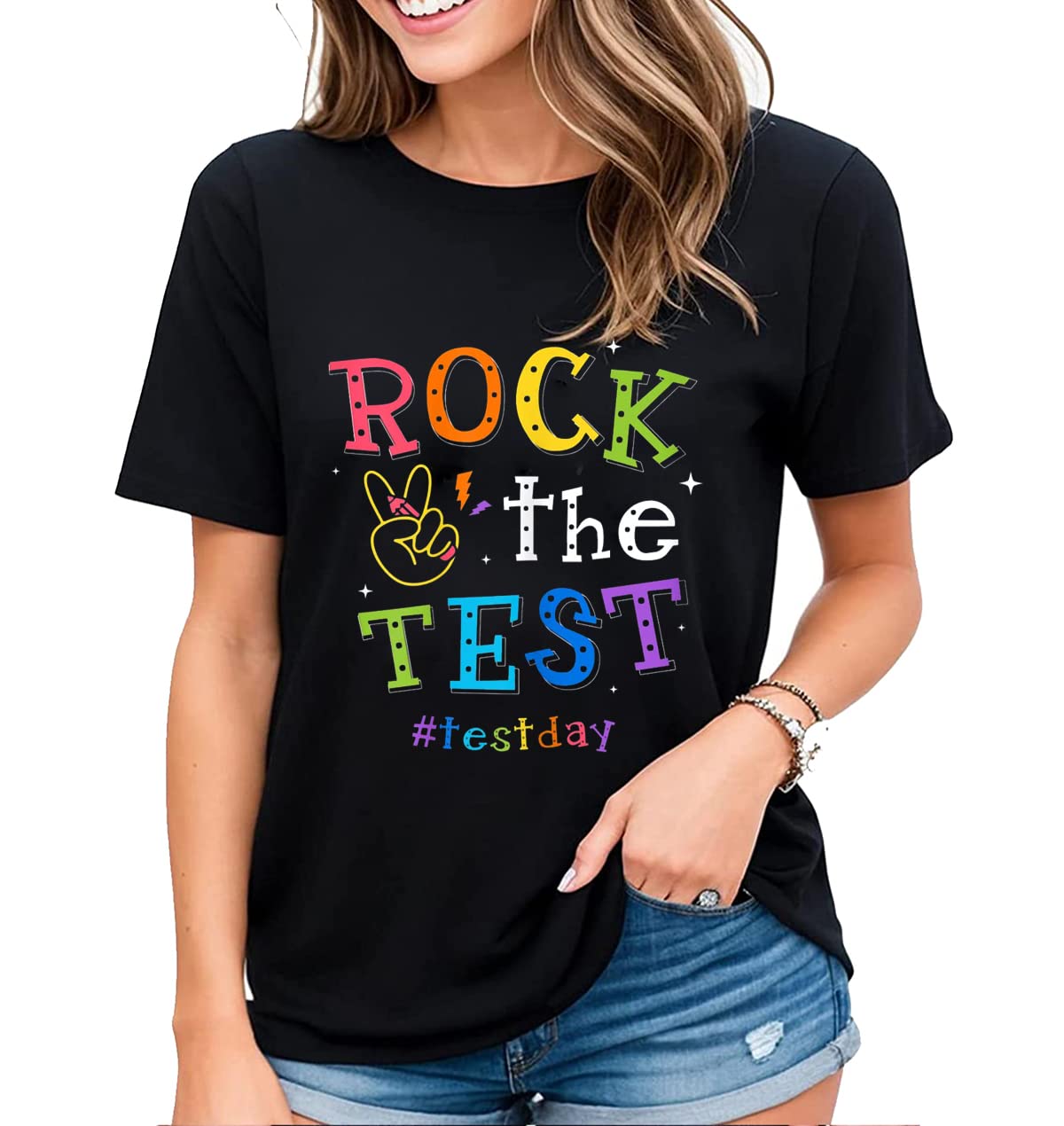 Tshirt for Women Funny Test Day Rock The Test Don't Stress Just Do Your Best Casual Short-Sleeved Tops