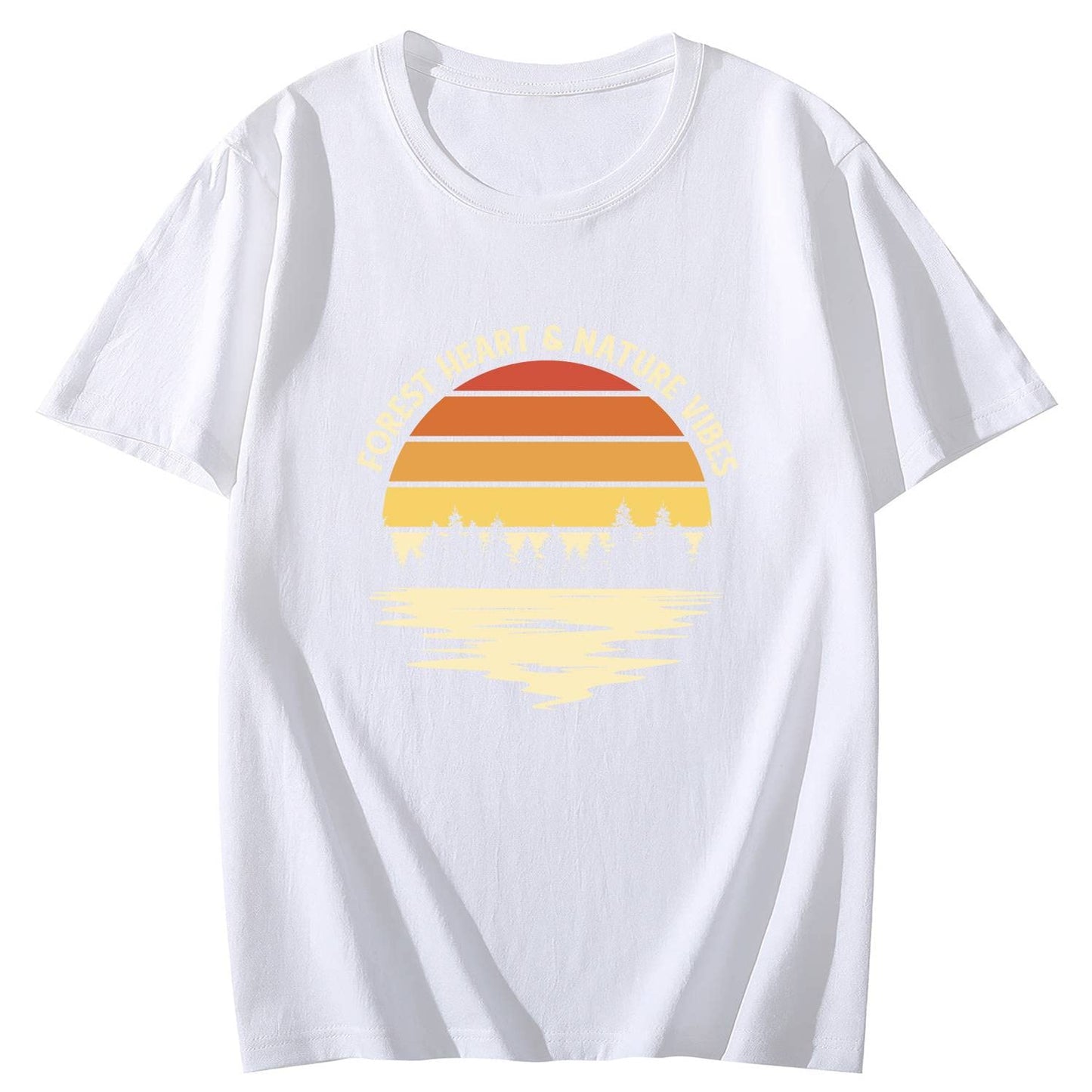 Forest and Lake Retro Sun Set Short Sleeve Comfort Tops T-Shirts for Women