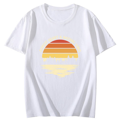 Forest and Lake Retro Sun Set Short Sleeve Comfort Tops T-Shirts for Women