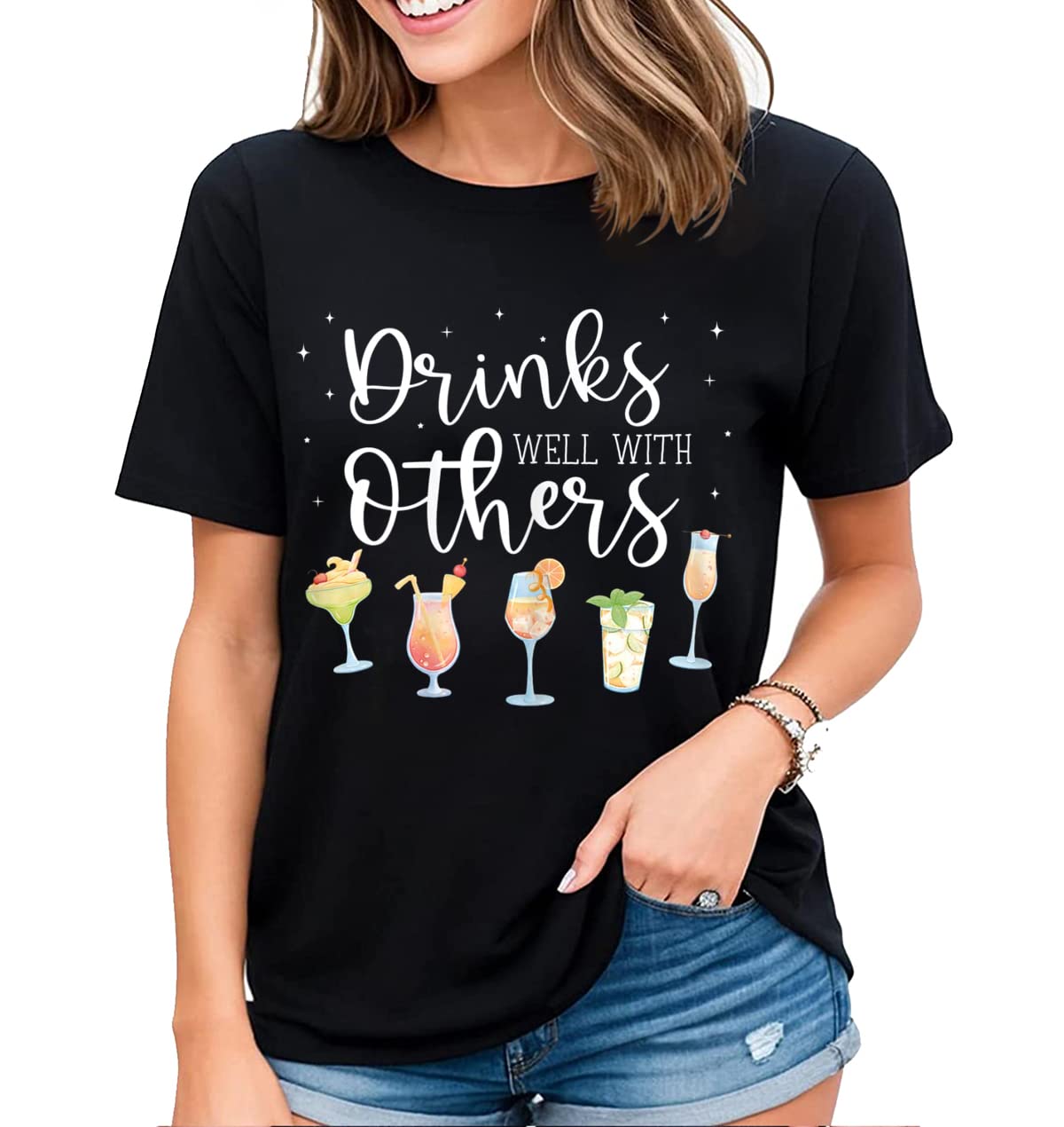 Drinks Well with Others Fun Graphic Tees T-Shirt Womens Gift Casual Short-Sleeved Tops