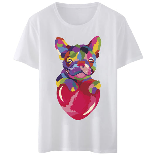 Women T-Shirt Red Heart Colorful Cat T-Shirt