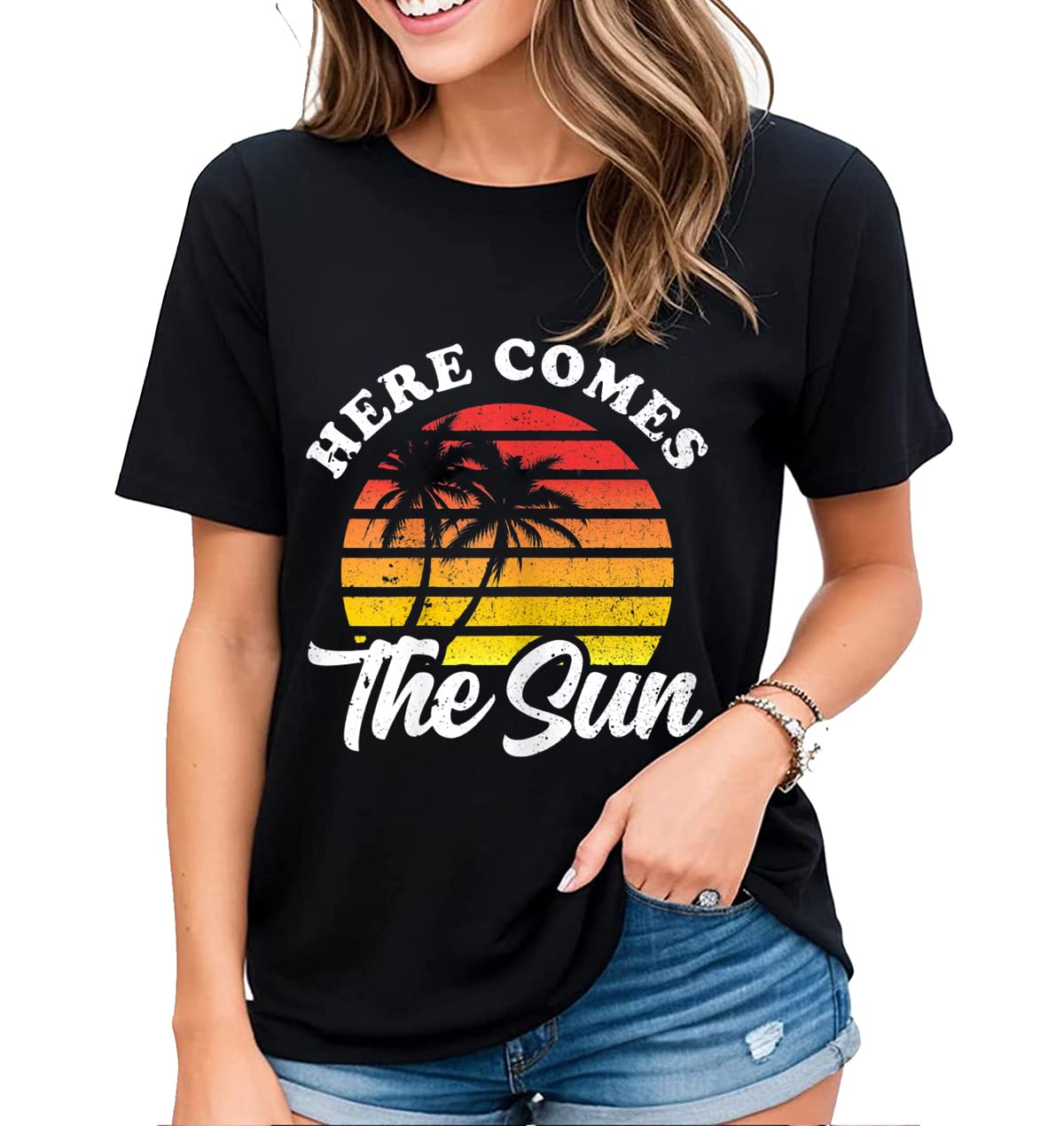 Welcome Sunshine with our "Here Comes The Sun" Women's T-Shirt
