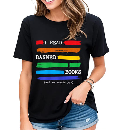 Womens Fun Graphic I Read Banned Books T-Shirt Banned Books Lovers Gift Casual Short-Sleeved Tops