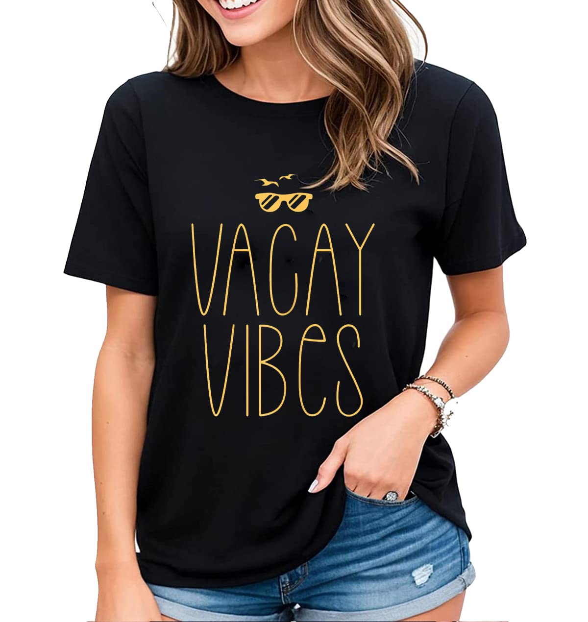 Vacay Graphic T-Shirt for Women Coconut Sunglasses Beach Summer Casual Short-Sleeved Tops