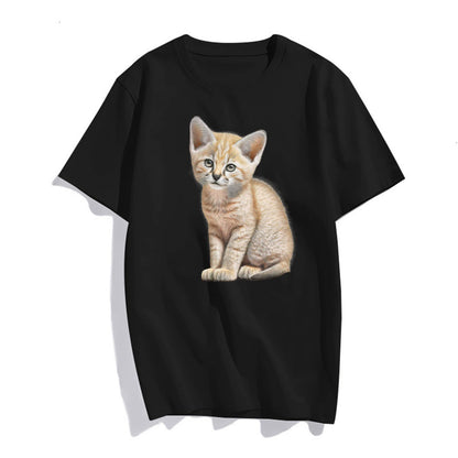 Yellow-Brown Cat Print Women's Summer Casual T-Shirt