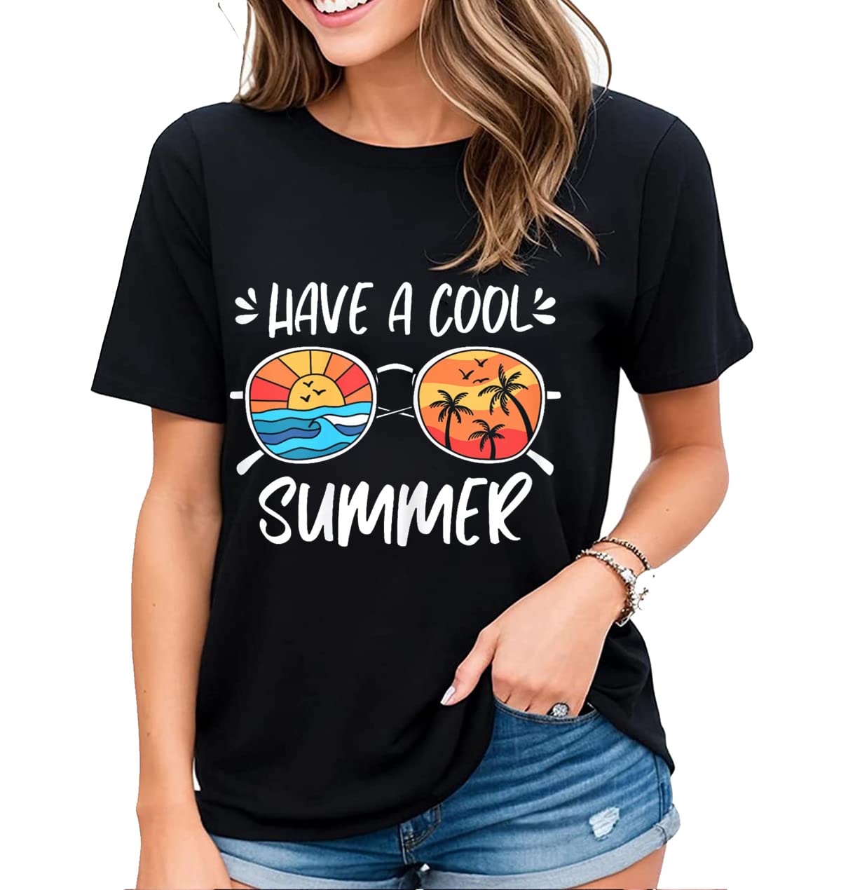 T-Shirt for Women Hello Summer Graphic Shirt Vacation Beach Style Casual Short-Sleeved Tops