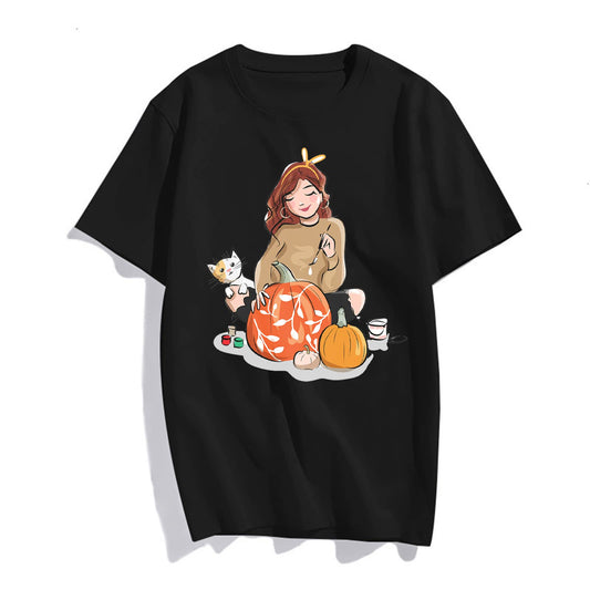 Cat Pumpkin Graphic Tshirts Casual Short Sleeve Tops Women's Teens Girl