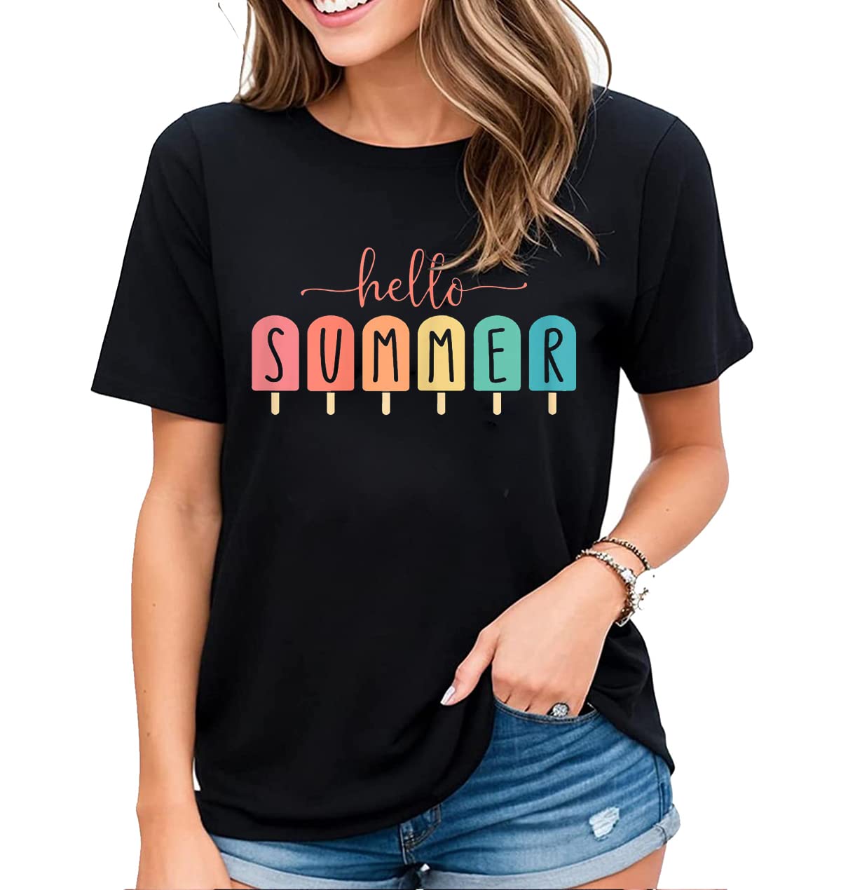 T-Shirt for Women Hello Summer Graphic Shirt Vacation Beach Style Casual Short-Sleeved Tops