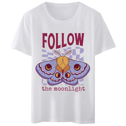 Women T-Shirt Follow The Moonlight Butterfly Print Round T-Shirt Neck Tops Short Sleeve Casual Tee