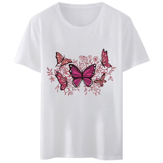 Women T-Shirt Pink Butterflies Flowers Print Round Neck Tops Short Sleeve Casual Tee