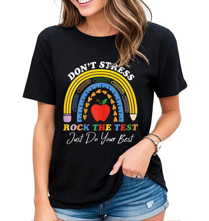Womens Rainbow Graphics Rock The Test Testing Day Tee Cheer Encouragement Casual Short-Sleeved Tops