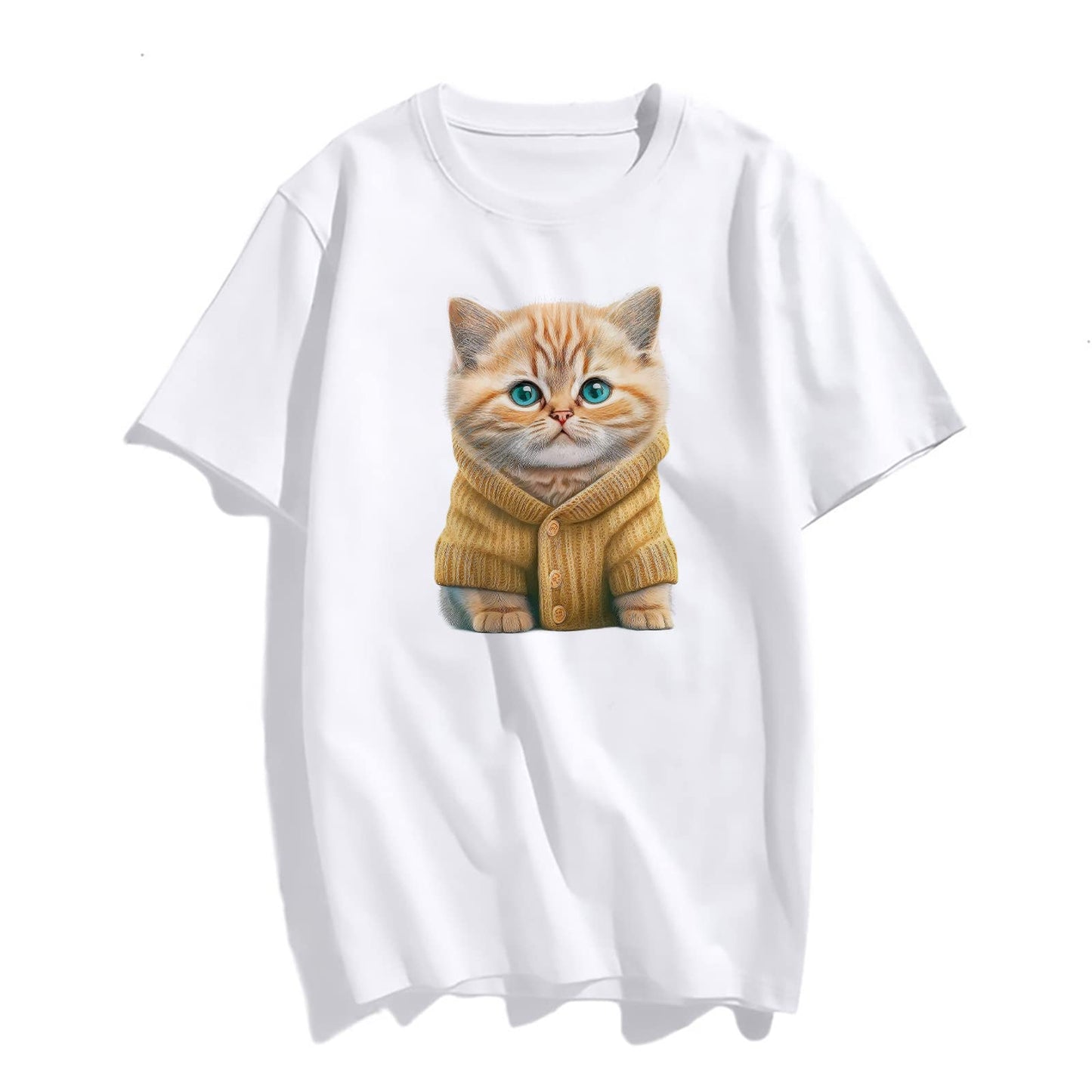 Women Cute Yellow and Brown Cat Print T-Shirt Fashion Short-Sleeved