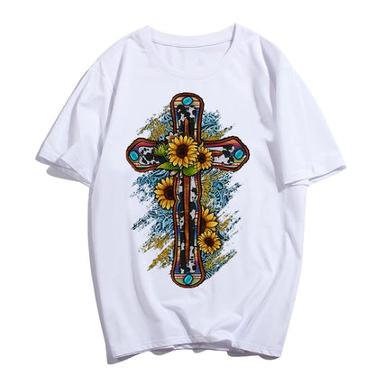 Noozuo Women's Cross-Themed Text Floral O-Neck T-Shirt