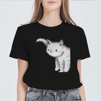 The Cat with The Head Outstretched T-Shirt Casual Round Neck Short Sleeve