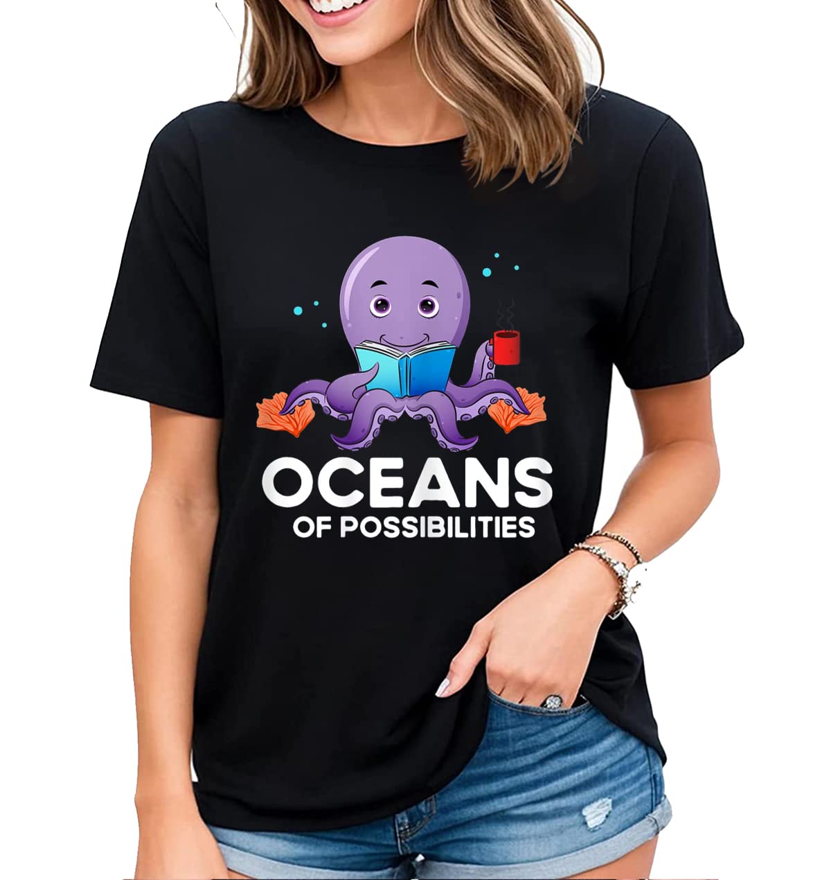 Women's Tshirt Reading Librarian Shirt Ocean of Possibilities Casual Summer Tops