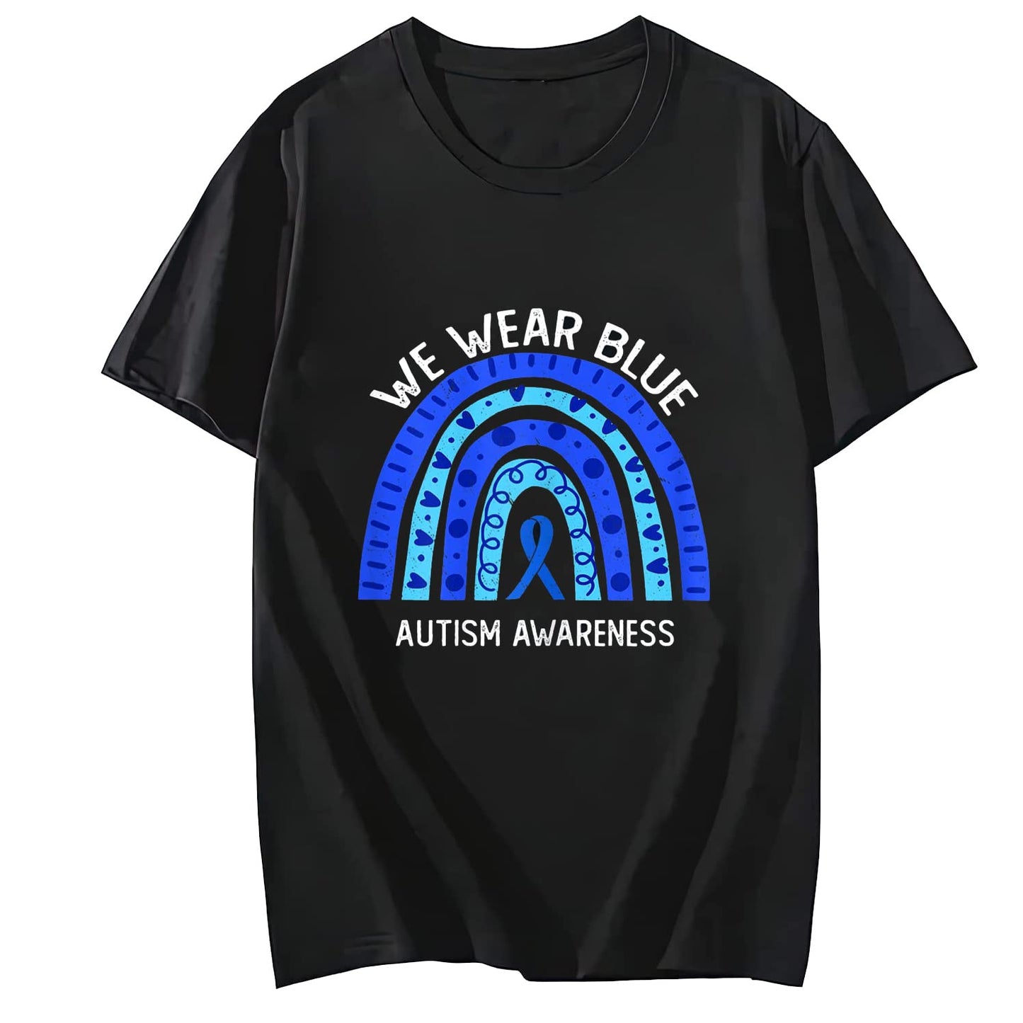 We Wear Blue for Autism Awareness T-Shirt Summer Casual Round Neck Short Sleeved Top