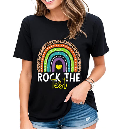 Womens Rainbow Graphics Rock The Test Testing Day Tee Cheer Encouragement Casual Short-Sleeved Tops