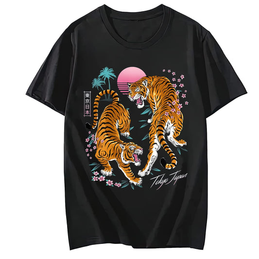 Womens T-Shirt Japanese Tokyo Dueling Asian Tigers Retro 80's Vaporwave Tshirt