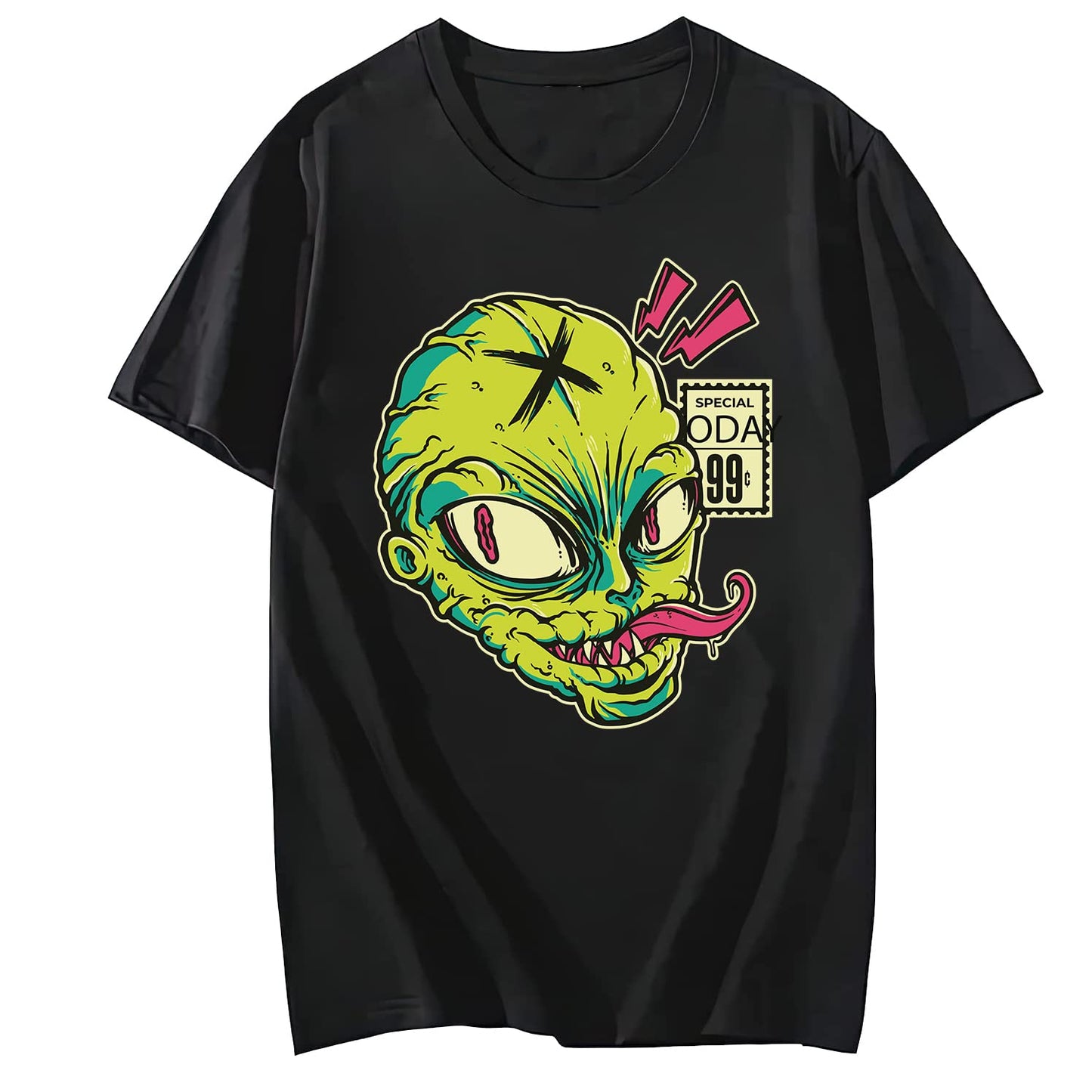 Comic Alien Head Shirt Men Short Sleeve Printing T-Shirt Black Small