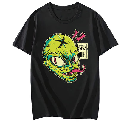 Comic Alien Head Shirt Men Short Sleeve Printing T-Shirt Black Small
