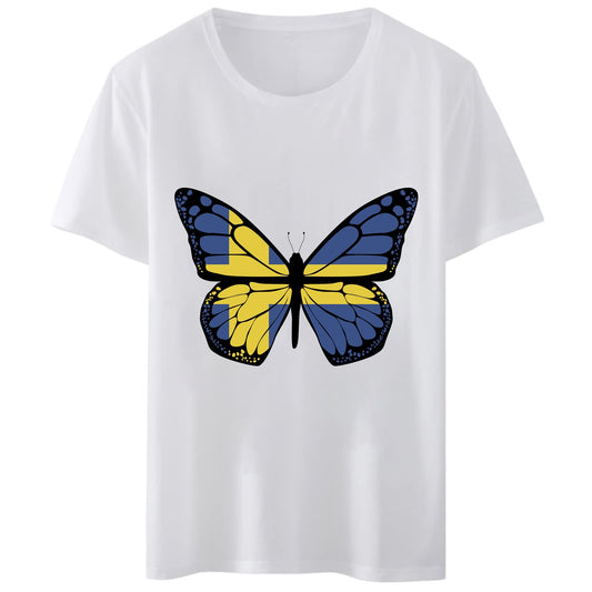 Women T-Shirt Blue and Yellow Butterfly Print Round Neck Tops Short Sleeve Casual Tee