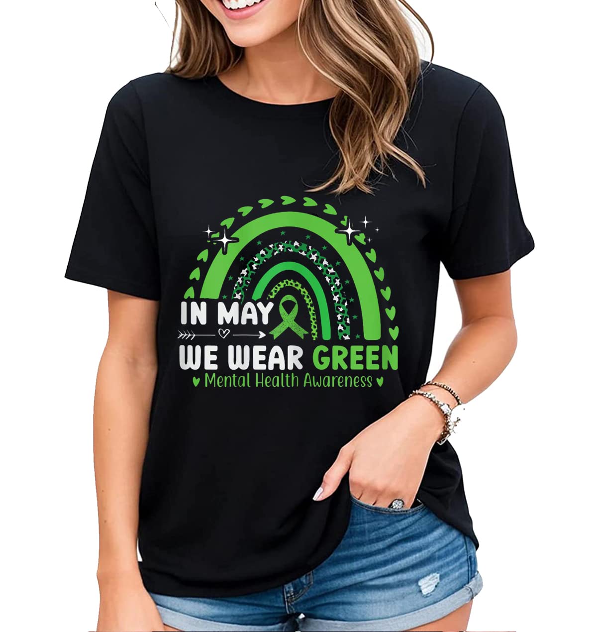 Women's Tshirt Mental Health Awareness Tee Green Ribbon Animal Botanical Graphic Casual Short Sleeve Tops