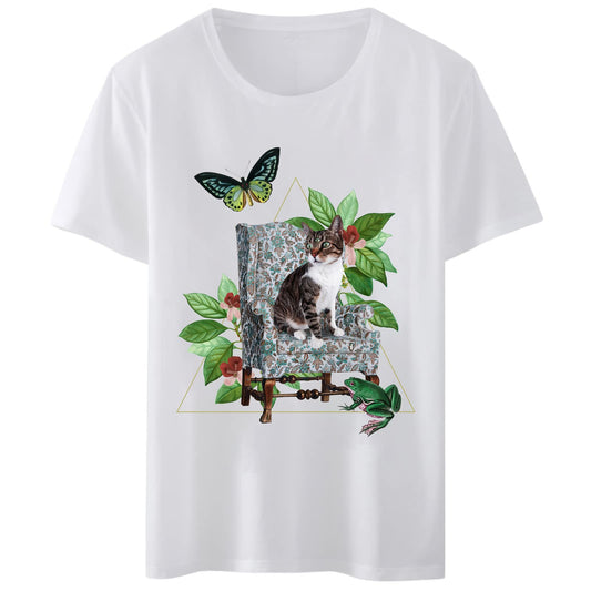 Women T-Shirt Cute Cat Butterfly Print T-Shirt Round Neck Tops Short Sleeve Casual Tee