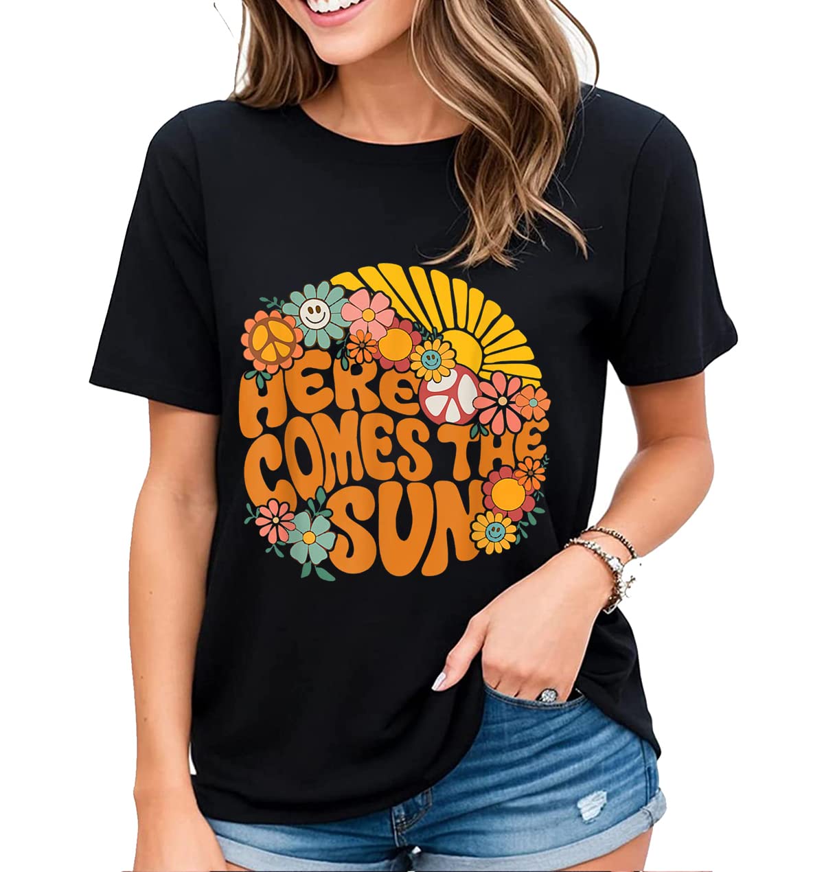 Welcome Sunshine with our "Here Comes The Sun" Hippie Flowers Graphic Shirt