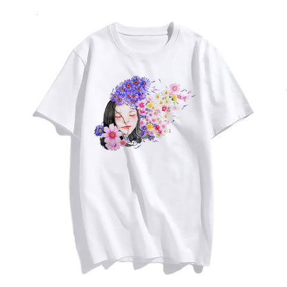 Women Ancient Style Human Face Flowering Bushes Print T-Shirt Fashion Casual Short-Sleeved Tops